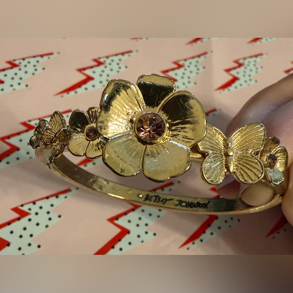 Betsey Johnson Gold-Tone & Pink Butterfly Garden Flower Hinged Bangle Bracelet